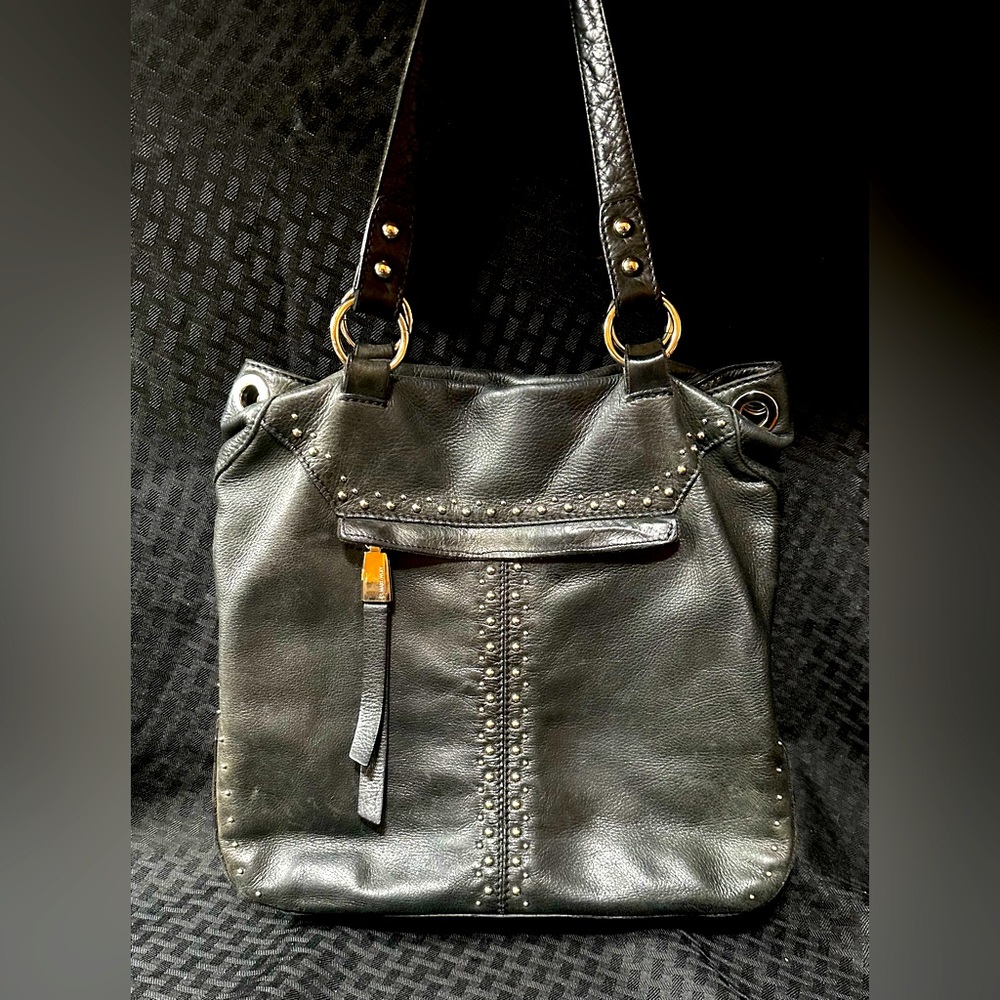 B. Makowski Black Genuine Leather Handbag Top Handle Silver Hardware Studded